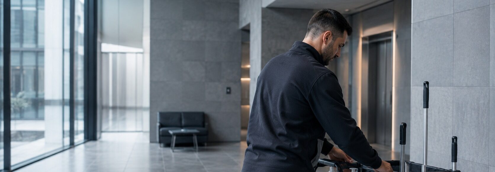 Cleaning professional preparing for work in a modern Hamburg property