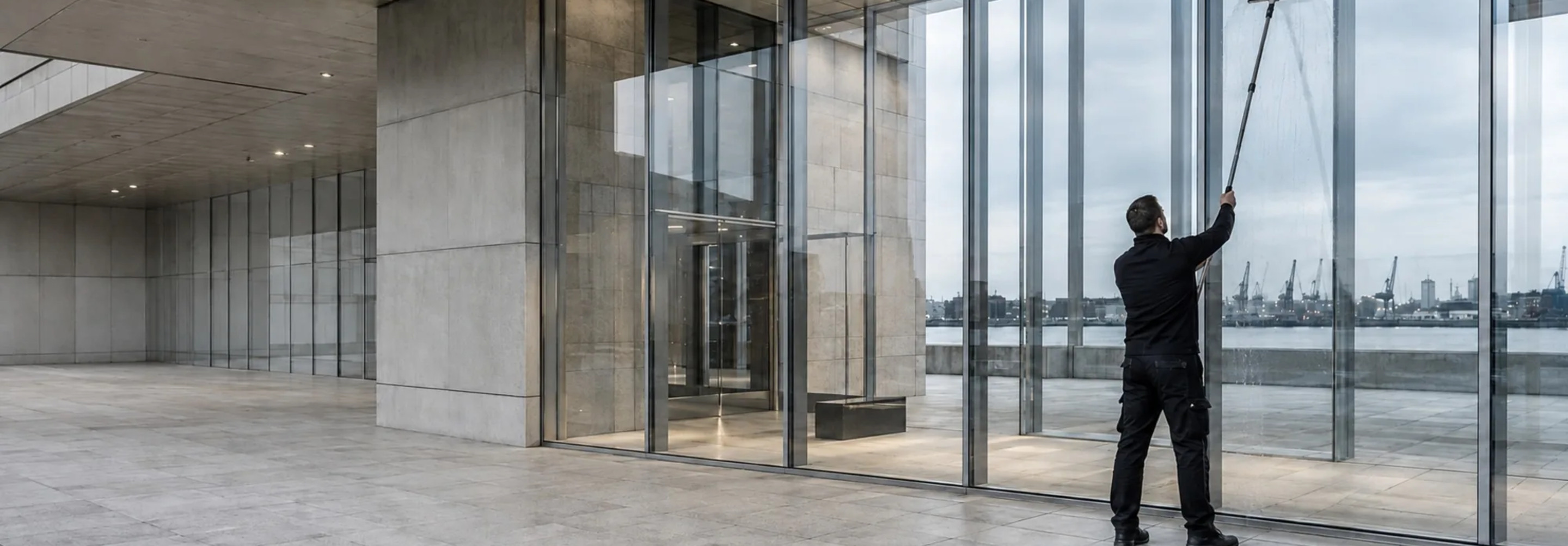 Professional window cleaning on a modern glass façade in Hamburg’s HafenCity