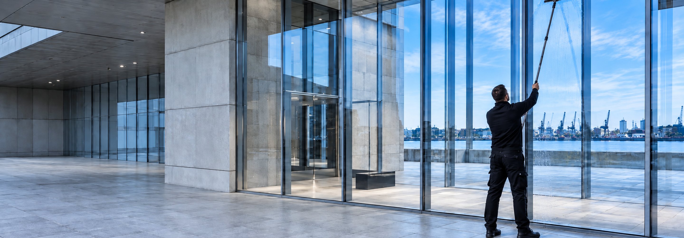 Professionelle Glasreinigung an einer modernen Glasfassade in der Hamburger HafenCity