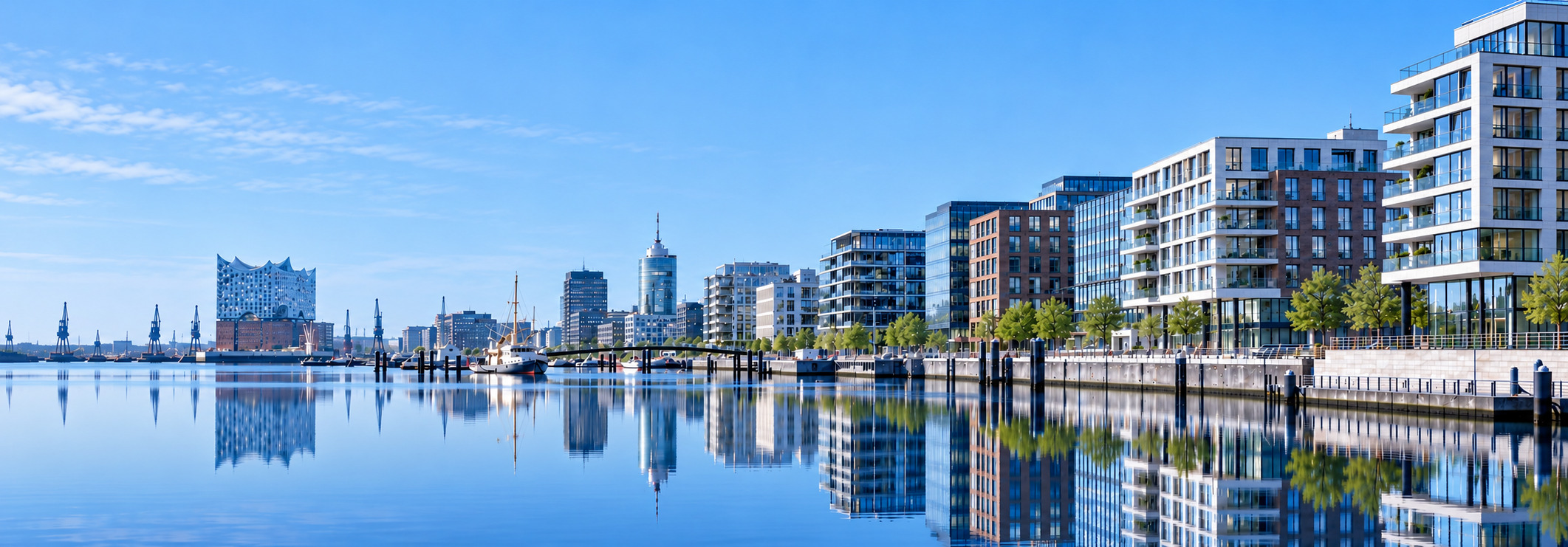 Hamburg’s HafenCity on the water with the Elbphilharmonie and reflections